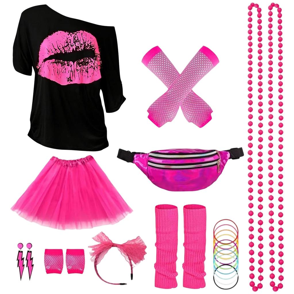 80s Outfit Women's Set, T-shirt, Belt Bag, Headband, Earring, Necklace, Fishnet Gloves, 80s Clothing Costume Neon Accessories Theme Party Clothes