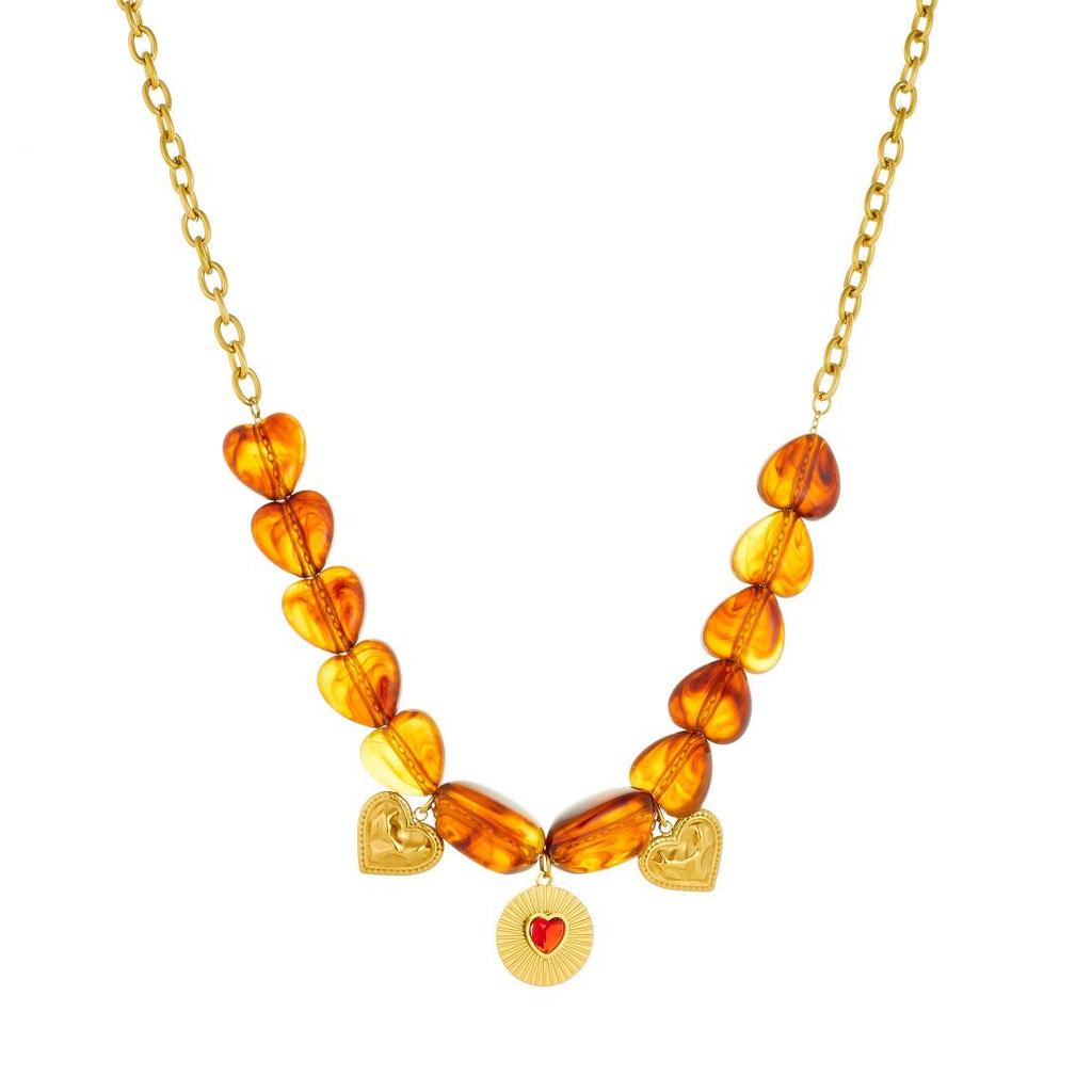 Stylish Geometric Resin Beaded Chain with Gold-Plated Inlaid Diamond Heart Pendant Jewelry Set