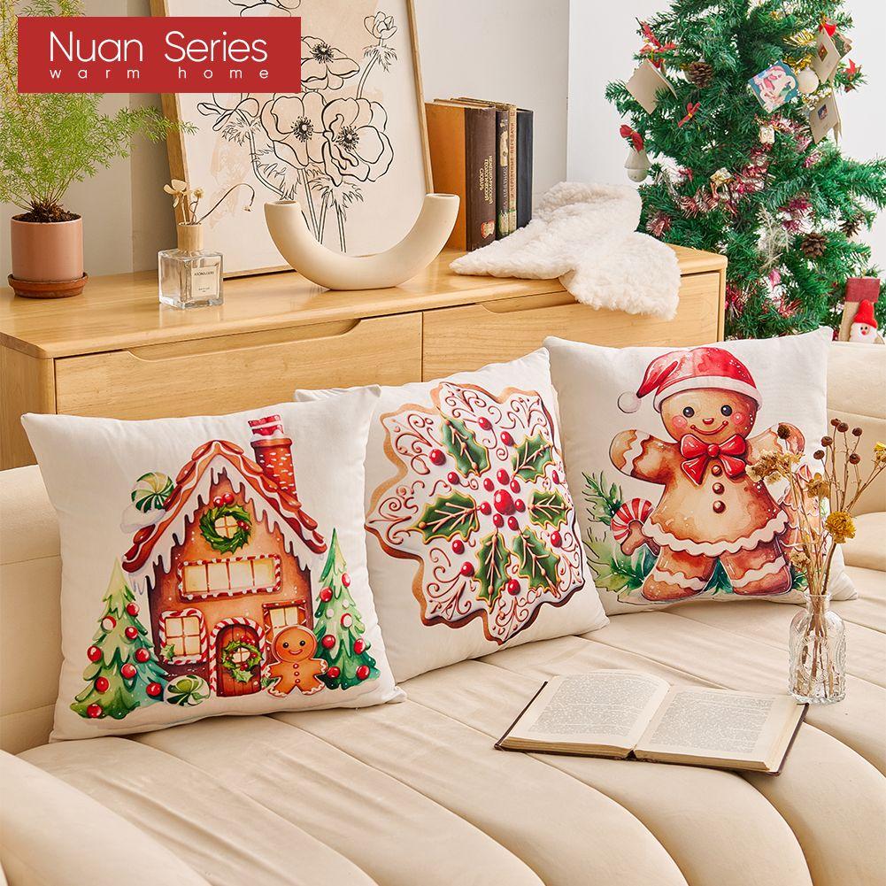 1PC Nuan Series Christmas Pillowcase Gingerbread Santa Claus Pattern Printed Soft Cushion Cover for Sofa Living Room Bedroom Home Decor Party Decor
