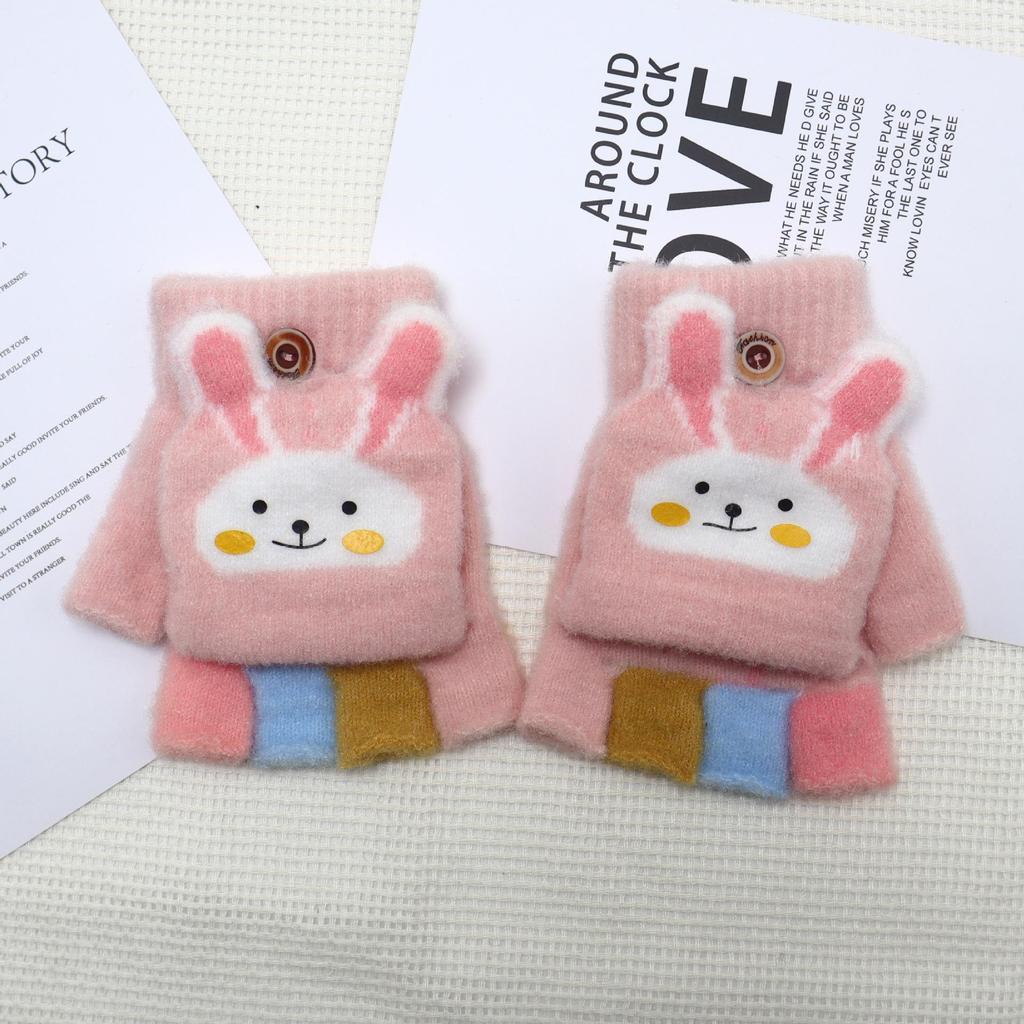 Dicke Winter-Halbfinger-Klapphandschuhe für Kinder mit Kaninchen-Cartoon-Design zum Schreiben und Spielen