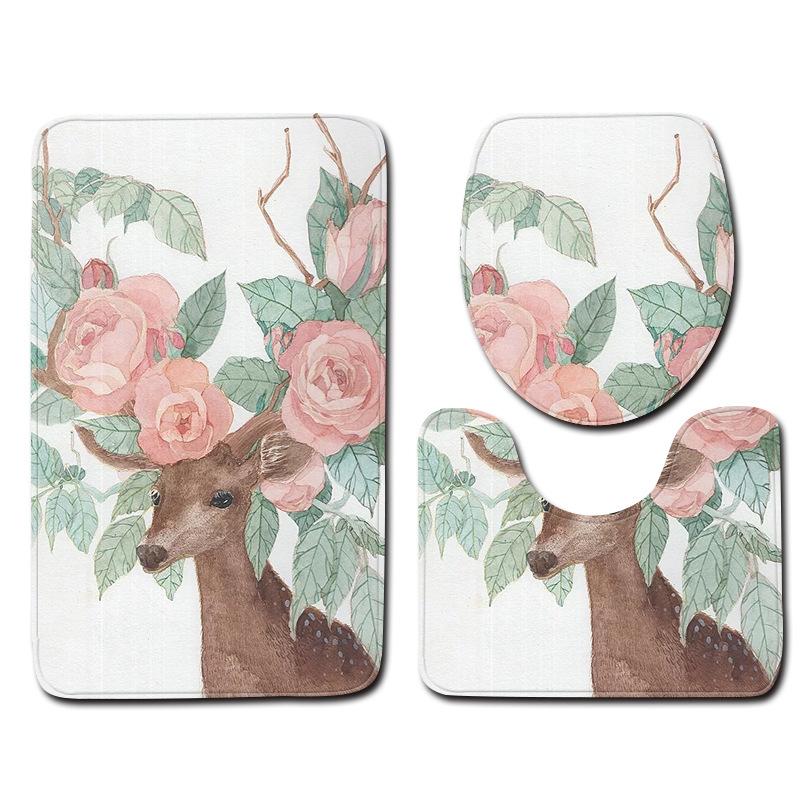 3D Elk Sanitary Toilet Three-Piece Floor Mat Door Mat Bathroom Carpet