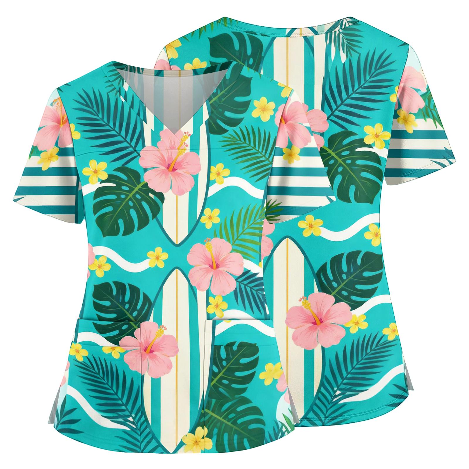 

Women s V Neck Medical Scrub Top with Hawaiian Floral Print Short Sleeve Side Slit Pockets Lightweight Nurse Uniform Shirt XXXL