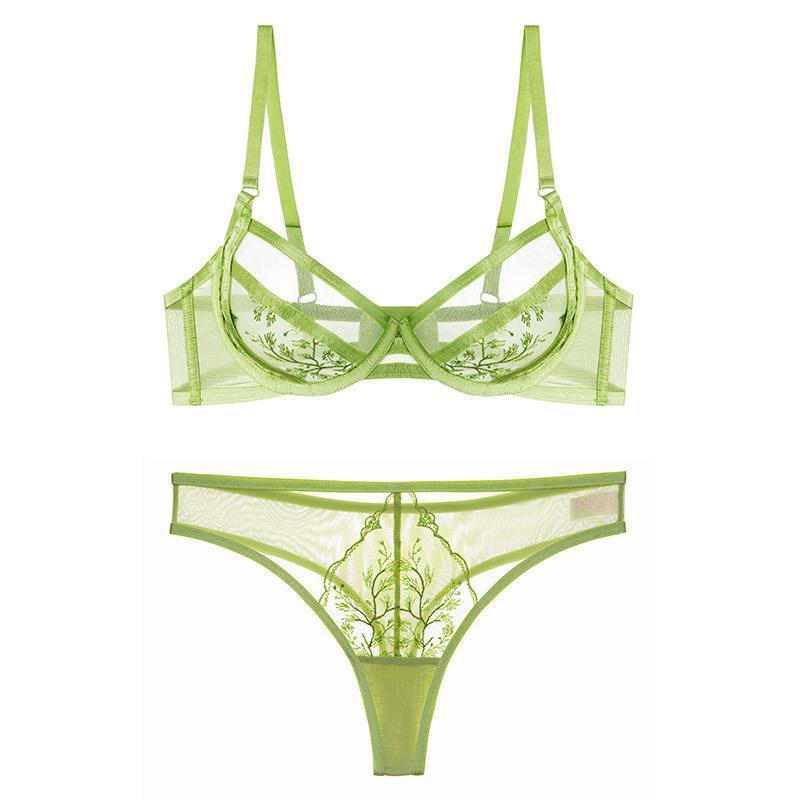 

French underwear women s ultra-thin crystal cup embroidered lace underwear big chest small anti-sagging sexy bra 85B зелений