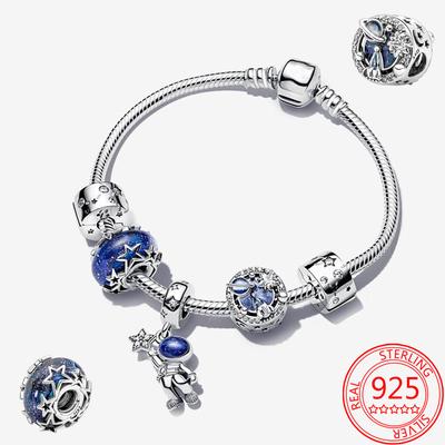 Bracciale di Lusso in Argento Sterling 925 Moment Set Bracciale Murano Blu Galassia Errante Gioiello Charm Moda Dichiarazione per Ragazza Regalo