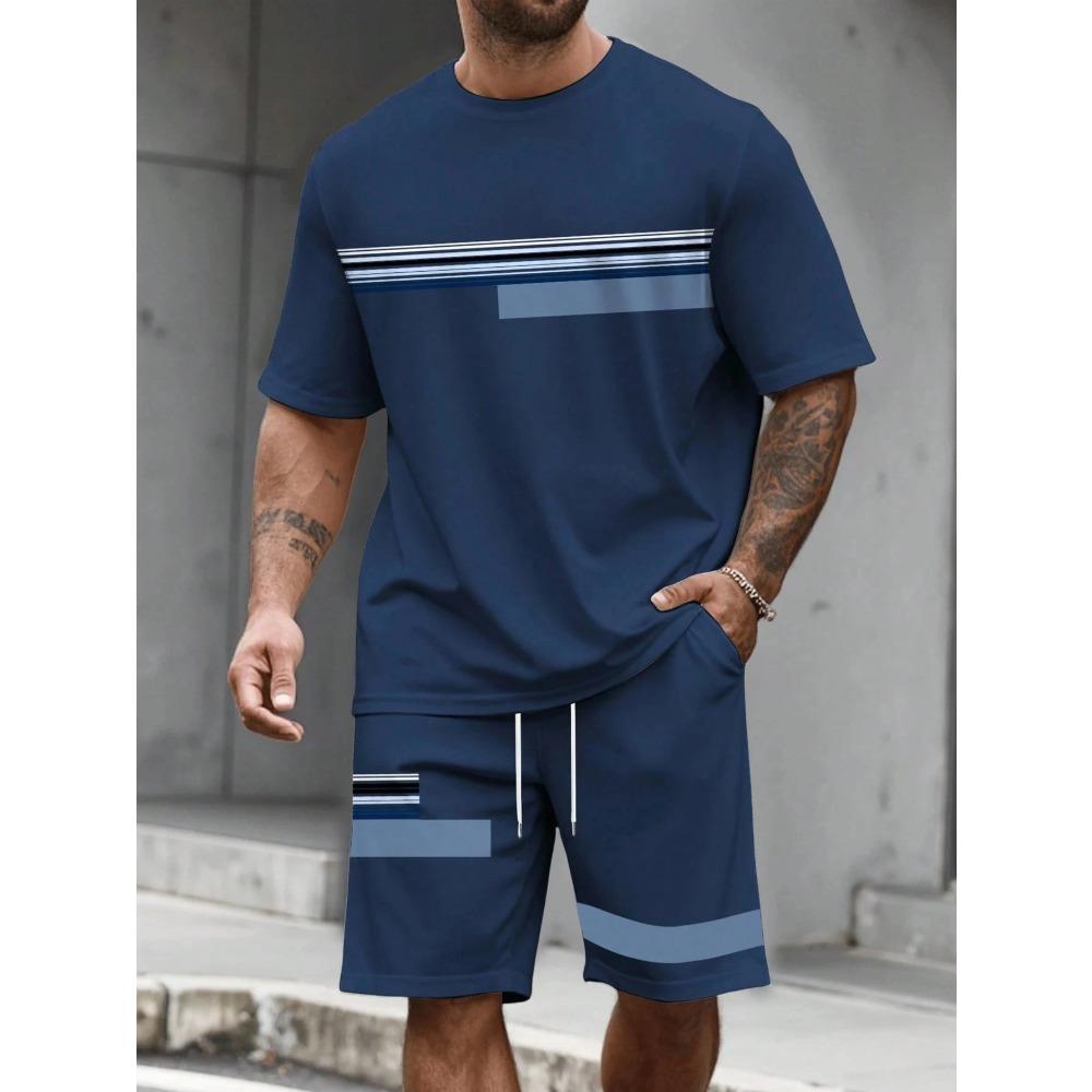 Casual Stripe Printed T-shirt Shorts Comfortable Soft Breathable Summer Sports Large Size Loose Men's Short Sleeve Sport Wear