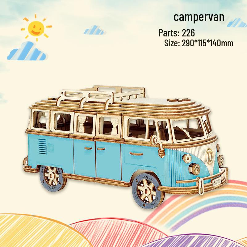 European Wooden Camper Van Jigsaw Puzzle - 3D DIY Assembly Car Model for Children