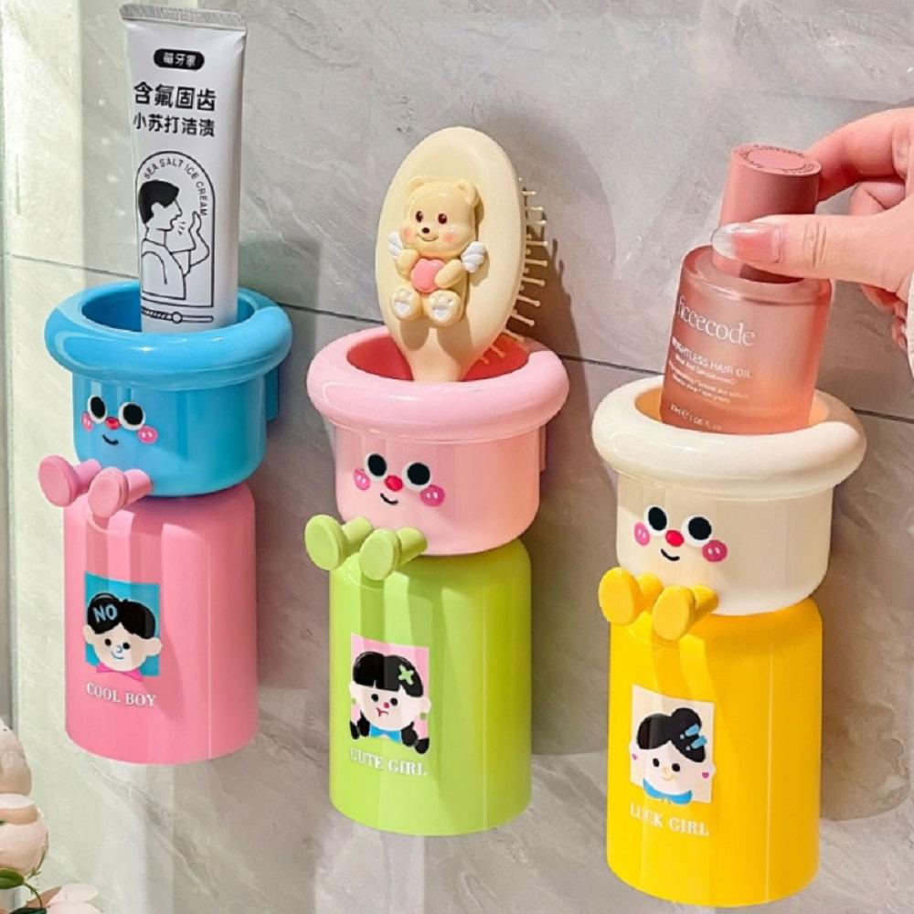 Cartoon Toothbrush Cup Holder Magnetic Punch-Free Upside Down Toothbrush Cup Wall Mounted Bathroom Toothbrush Stand Storage Rack