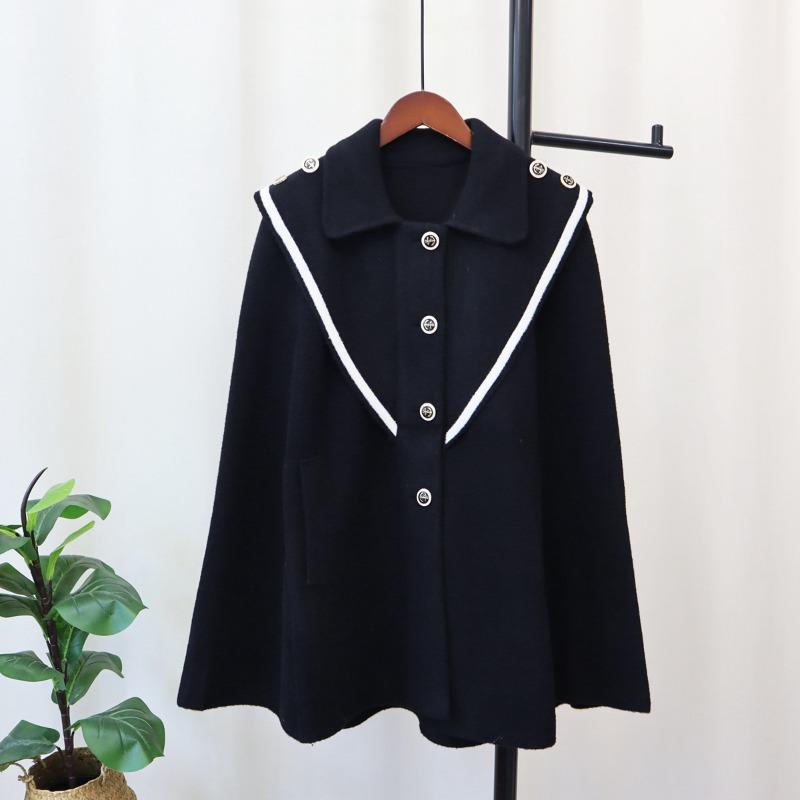 Autumn and winter new temperament design sense knitted double-sided woolen cloak coat women's contrasting color loose sweater jacket