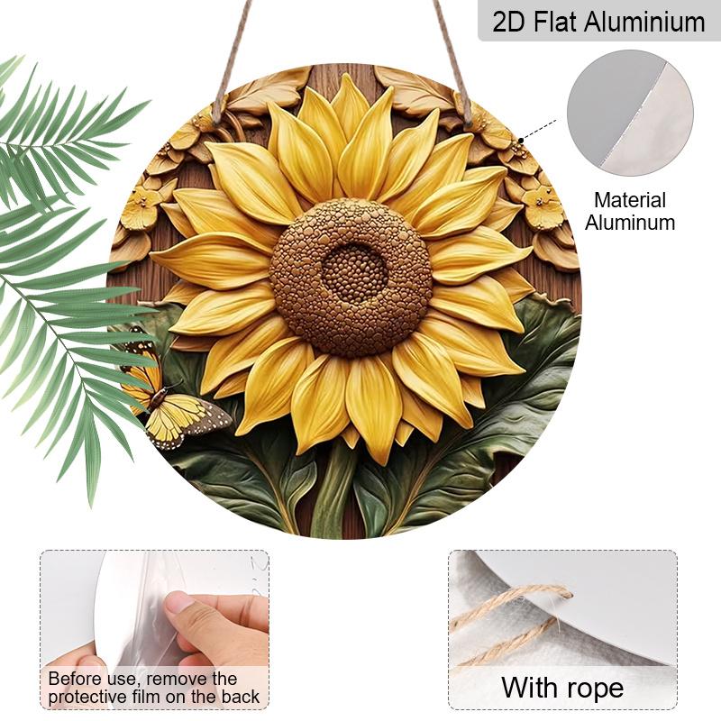 2D Flat Aluminum Sunflower Pattern Wall Hanging, 7.87 Inches X 7.87 Inches, Country Style, Suitable for Gardens, Farmhouses, Cafes, Living Rooms