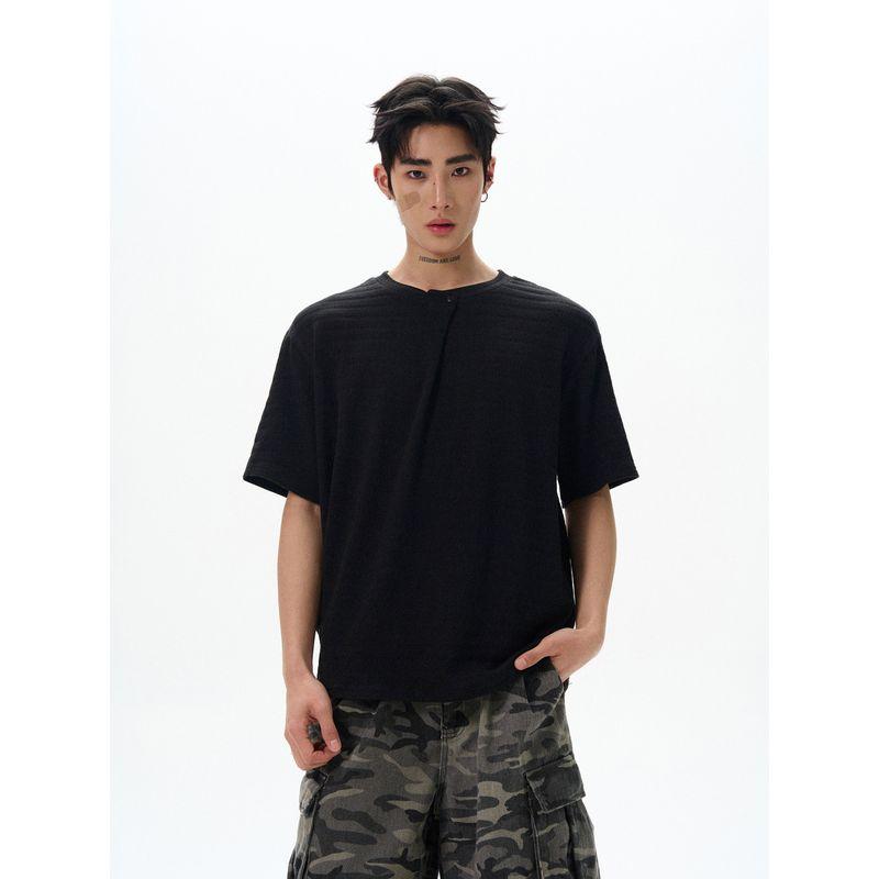 Kisko Simple American Old-Money Style Textured Diagonal Pleated Short-Sleeve T-Shirt for Men and Women New Cleanfit Casual T-Shirt