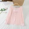 VONDA Women Elegant Solid Color Knot Long Sleeve Blouses