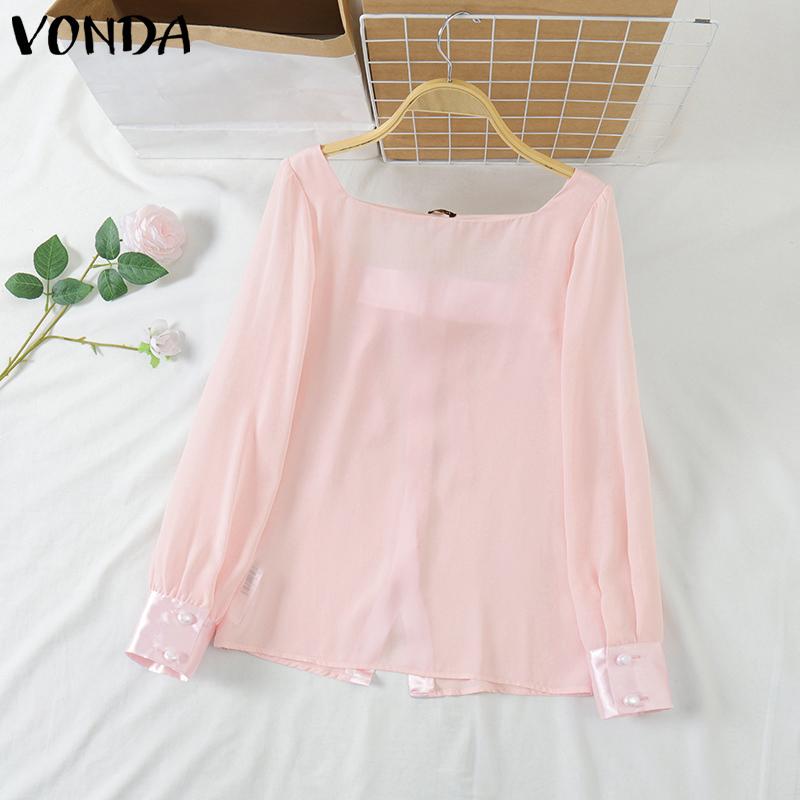 VONDA Women Elegant Solid Color Knot Long Sleeve Blouses