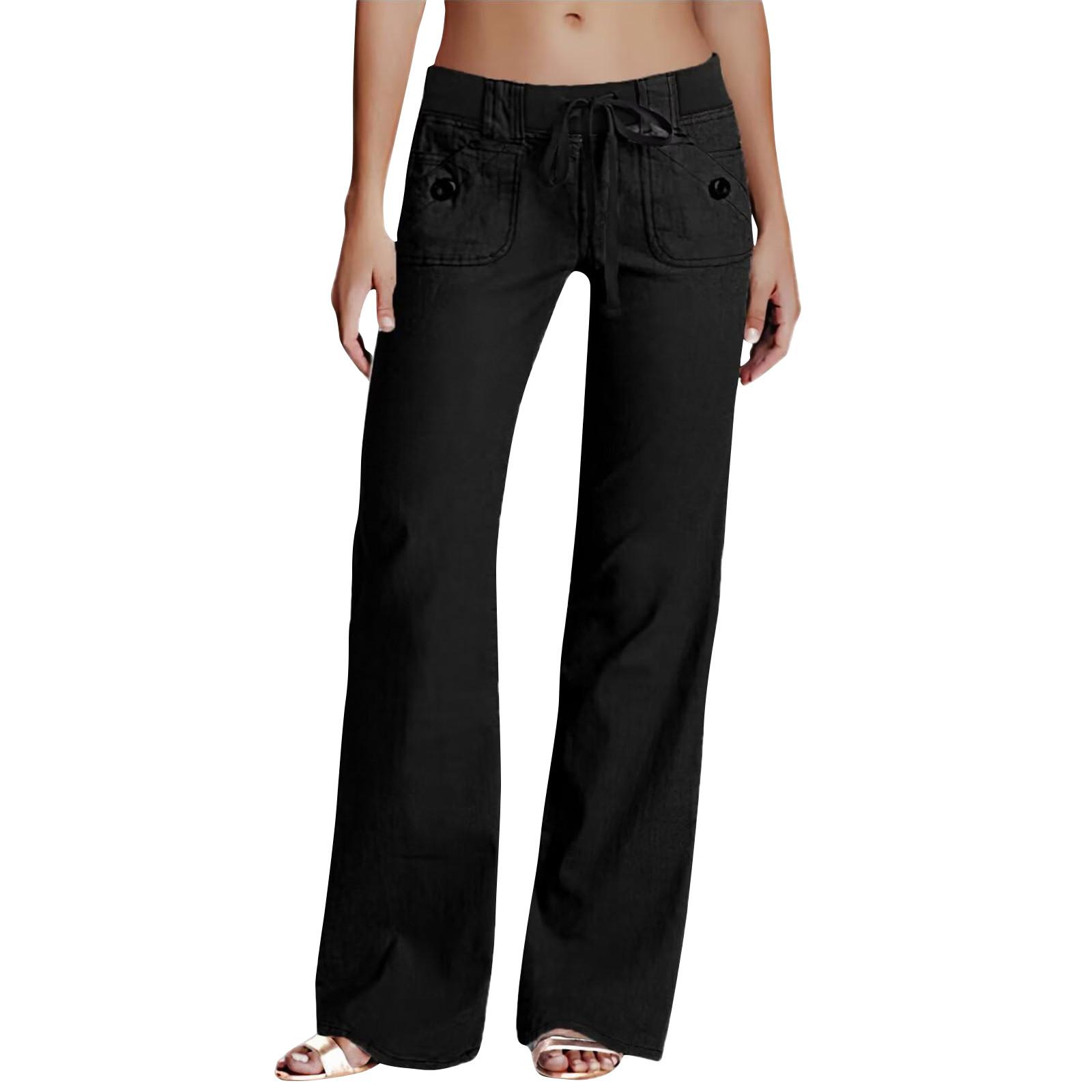 

Женские льняные брюки с широкими штанинами, эластичные брюки-палаццо с высокой талией, повседневная свободная одежда для пляжного отдыха с карманами S чёрный