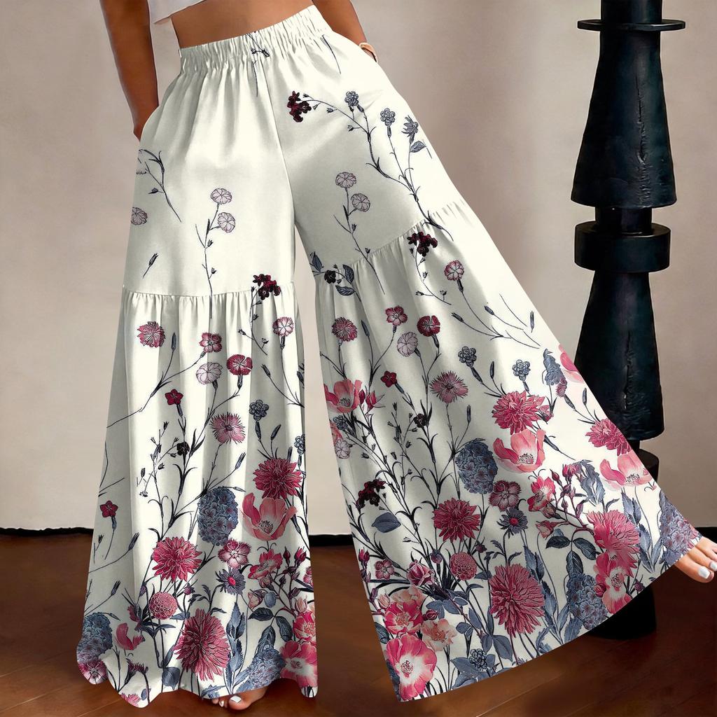 Women High Waist Loose Fit Lightweight Wide Leg Pants Vintage Floral Print Flowing Long Trousers Casual Relaxed Style