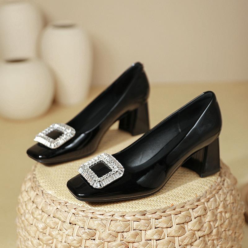 

French thick heel light mouth single shoes women s 2025 spring and autumn new red wedding shoes rhinestone square buckle nude square head high heels 40 чёрный