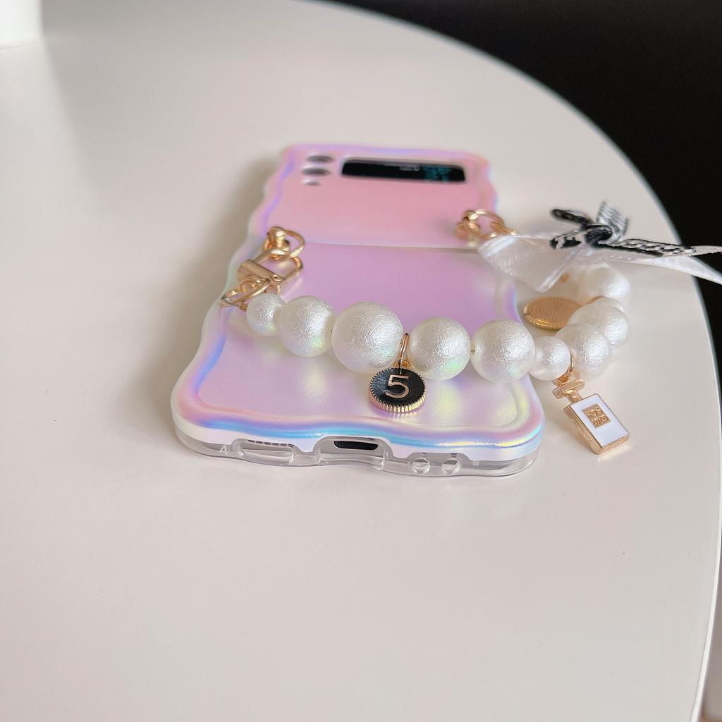 For Samsung Galaxy Z Flip4 5G Case TPU Shinny Laser Phone Cover with Pearl Bracelet