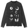 Streetwear Stylized Eye & Hand Motif On Acid-Wash Black Long Sleeve Shirts