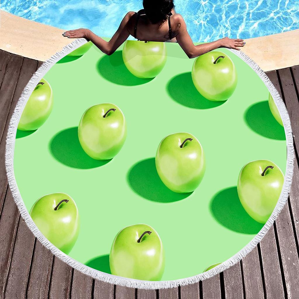 Apple Round Beach Towel Cartoon Fruit Print Beach Blanket Soft Microfiber Quick Dry Towel for Men Women Swim Pool Sport Picnic
