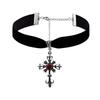 Temperament Gothic Inlaid Red Zircon Anchor Cross Pendant Velvet Necklace for Women Halloween Party Personality Collar Jewelry