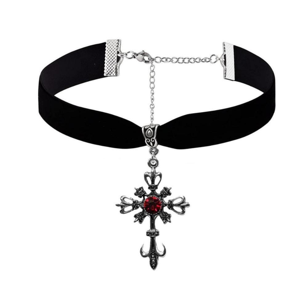 Temperament Gothic Inlaid Red Zircon Anchor Cross Pendant Velvet Necklace for Women Halloween Party Personality Collar Jewelry