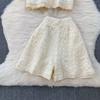 Summer Women's Embroidered Two Piece Sets Vintage Lace Splice Floral-Button Tops and Slimming Shorts Sets