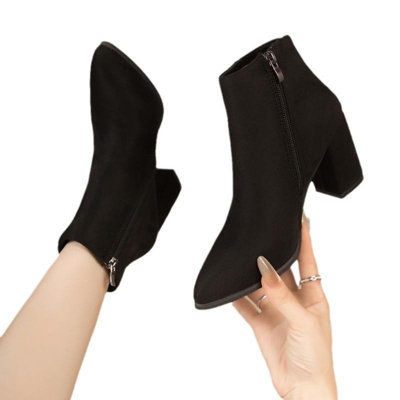 Damen Wildlederschuhe Herbst und Winter spitze Zehen dicker Absatz Martin Stiefel Seitenreißverschluss Damenmode wasserdicht Tischmode vielseitig