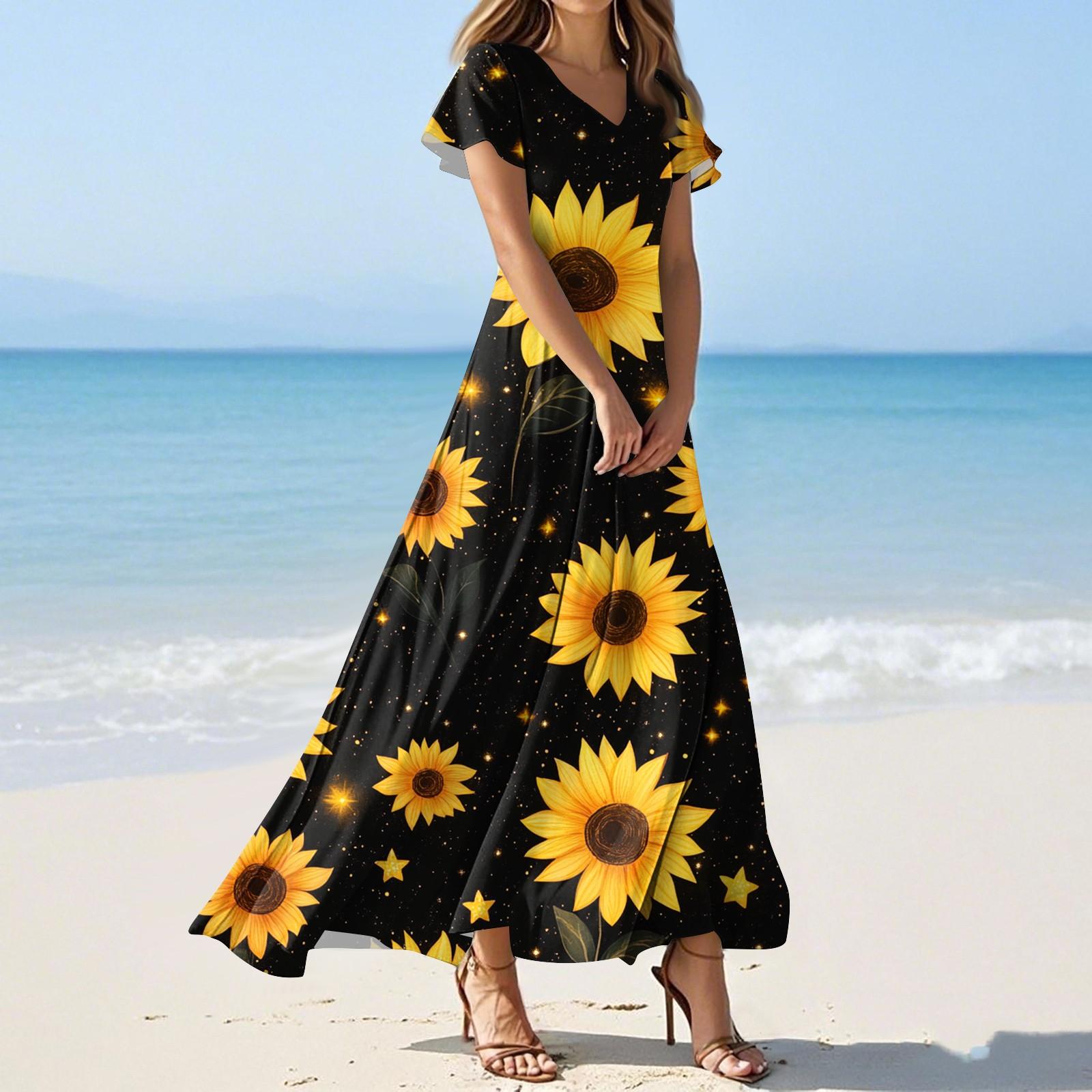 

Women s Summer Casual Fashion Flower Prints Dresses V-Neck Short Sleeve Dresses XL чорний