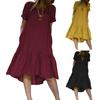 Women Summer Dress O Neck Ruffle Hem Patchwork Short Sleeves Pure Color Loose A-line Knee Length Casual Soft Daily Beach Midi Dress