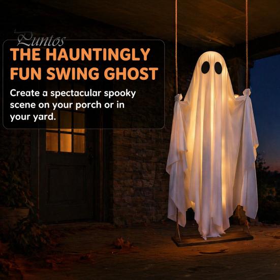 Hanging Ghost Decor Swinging Halloween Decoration, LED Light Up Large Spooky Weighted Fabric with Remote Control for Outside Garden Yard Porch