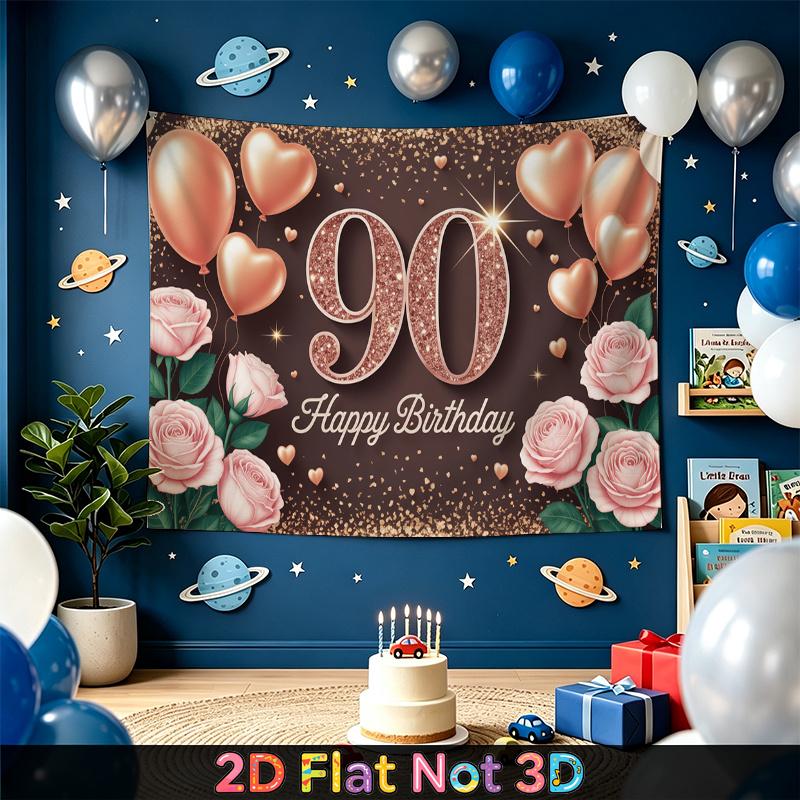 Red 90th Floral Birthday Backdrop 1pc - Polyester Party Decor
