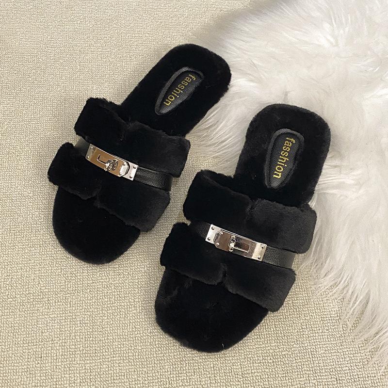 Internetkändis fluffiga tofflor dam bär 2025 höst och vinter nya tjockbottnade enords tofflor liten doftande trend plyschtofflor