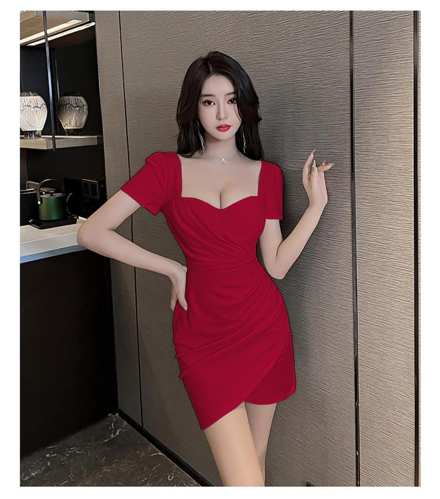 Sexy Mini Bust Cabaret Short Beautiful Bodycon Dress Wine [SDSXZWG] Dress, Body-Shaping, Tight, Sleeves, Neckline, (S, Red)