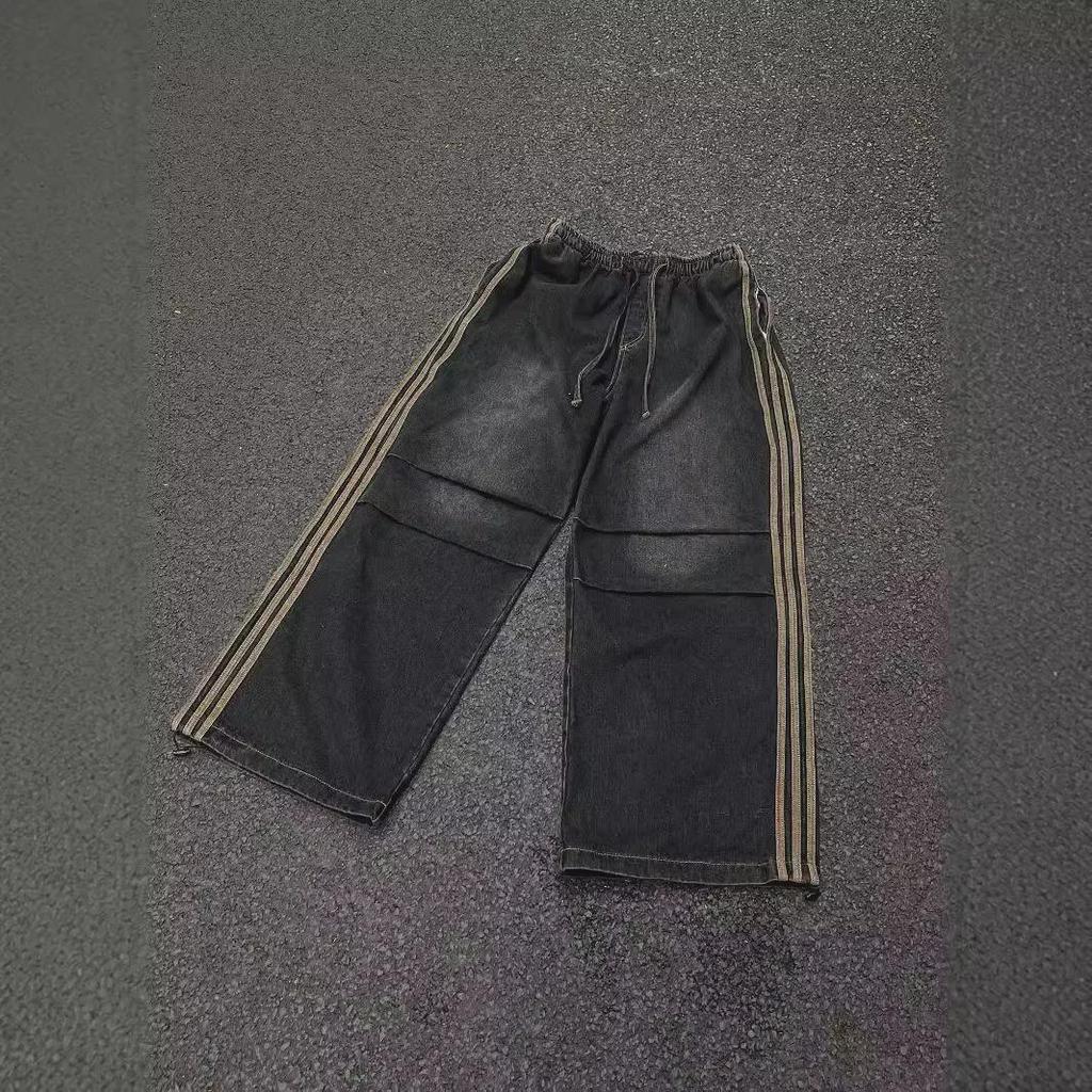 Sonbahar/Kış Çizgili Pileli Bol Günlük Pantolon: Retro Amerikan Sokak Stili Kot Pantolon