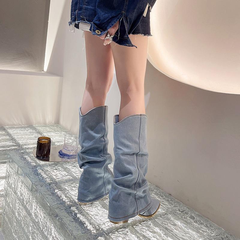 Women's Retro Blue Pleated Cowboy Boots Pointed Toe 5cm Square Heel Middle Heels Women Shoes Knee High Boots Large Size 35-42
