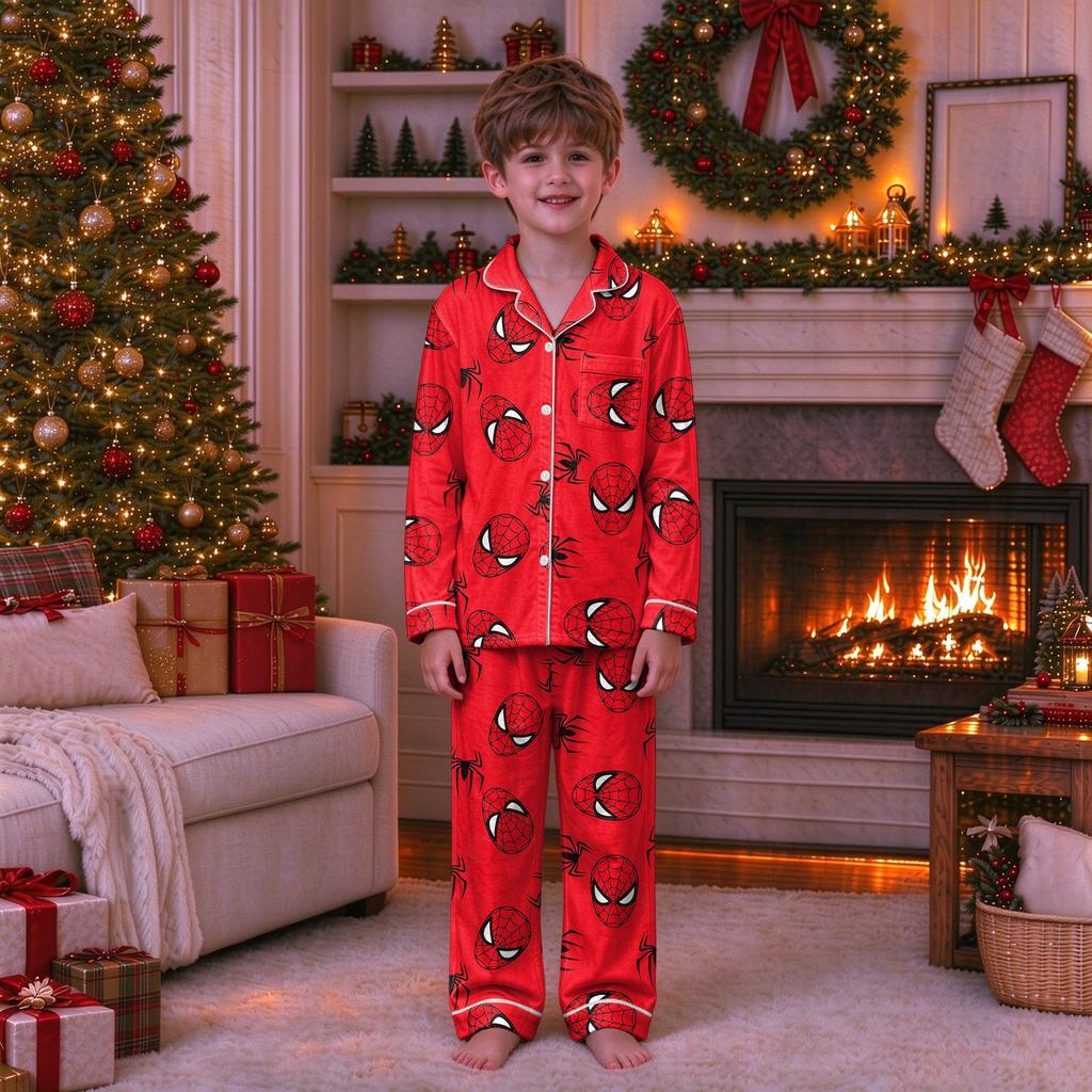 Christmas Parent-Child Matching Outfit with Stand Collar, Button Front and Festive Print