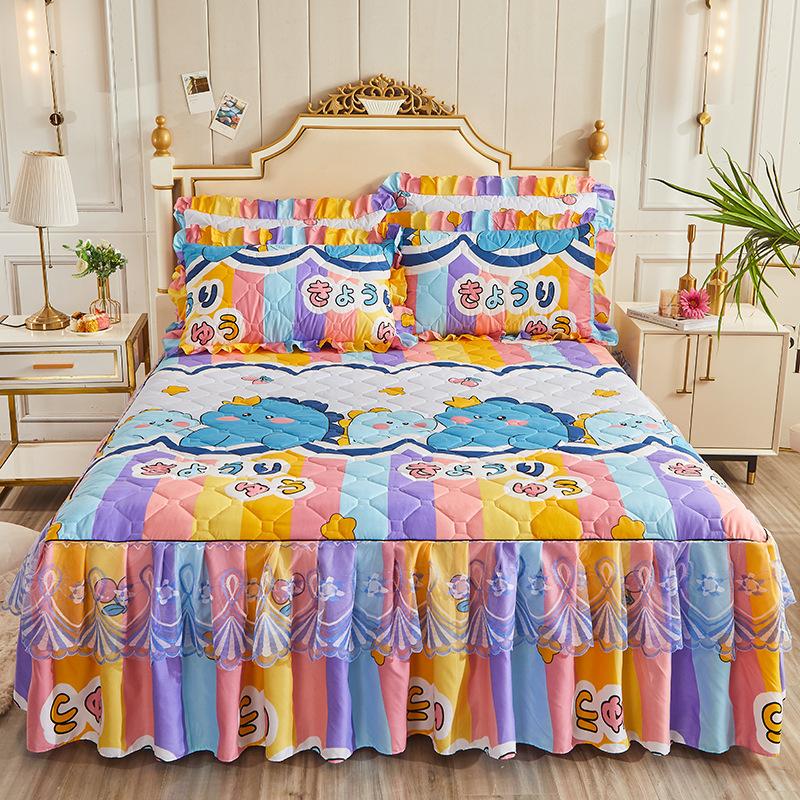 3pcs Bed Skirt Set Solid Color Quilted Thickened Lace Decoration Includes 1 Bed Skirt + 2 Pillowcases Suitable for Home And Hotel