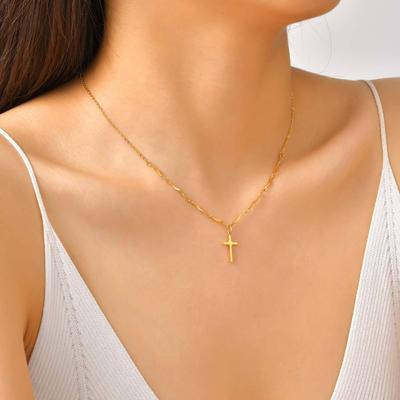 Damen Mode Edelstahl Wellenkette Kreuz Halskette 18 Karat Gold Vielseitiger Schmuck Nc-2300
