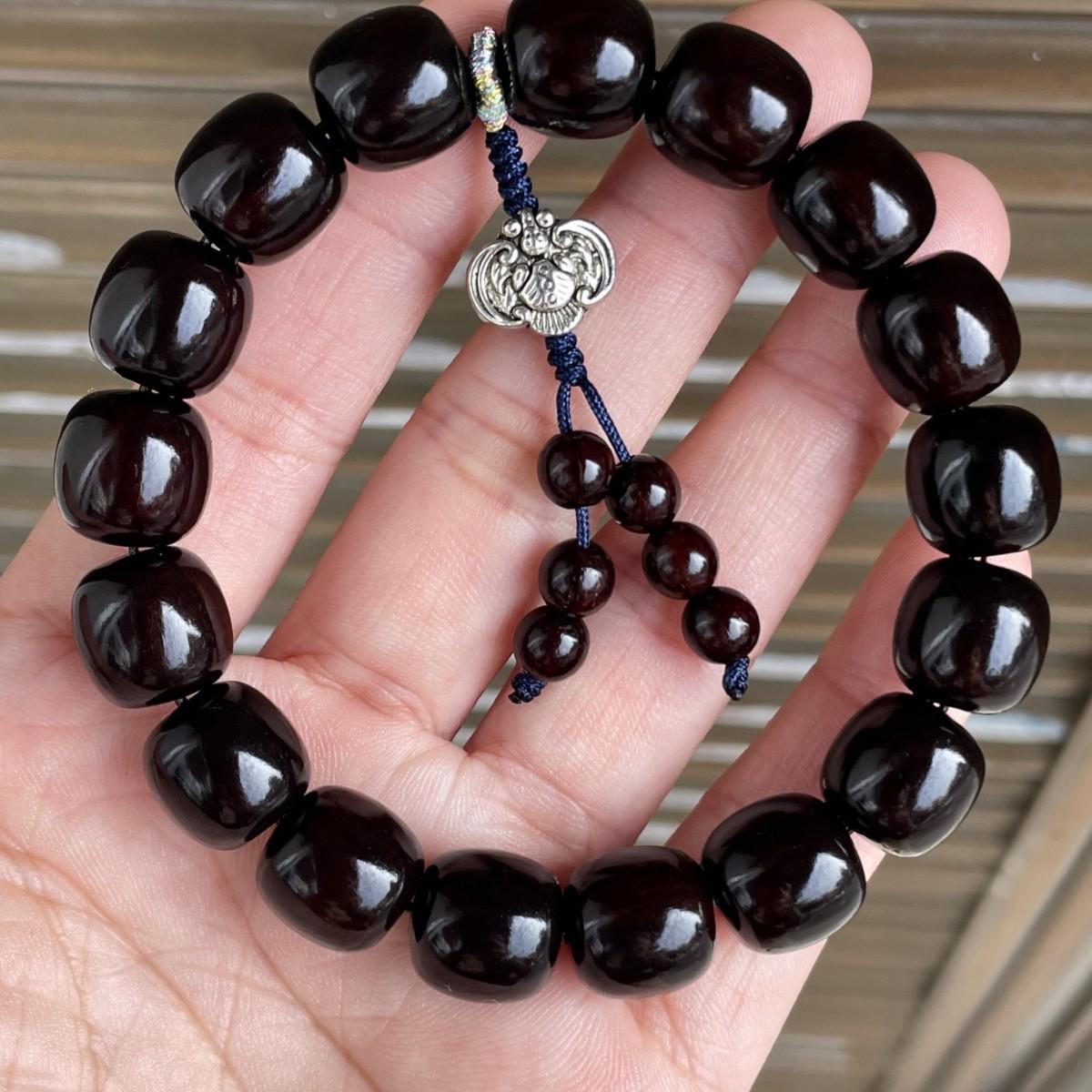 Vintage Small Leaf Rosewood Prayer Beads Bracelet with Gold Star and Sandalwood Barrels