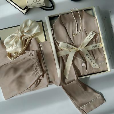 French High-End Ice Silk Pajamas Women'S Light Luxury Solid Color Long-Sleeved Loungewear Set