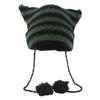 Knit Striped 3D Cat Ear Hat Elastic Windproof Hat with Pom Pom Decor Ear Protector Hat Winter Cycling Skiing Hat