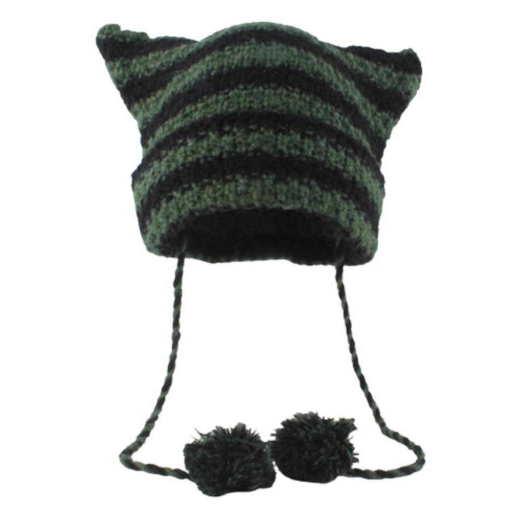 Knit Striped 3D Cat Ear Hat Elastic Windproof Hat with Pom Pom Decor Ear Protector Hat Winter Cycling Skiing Hat