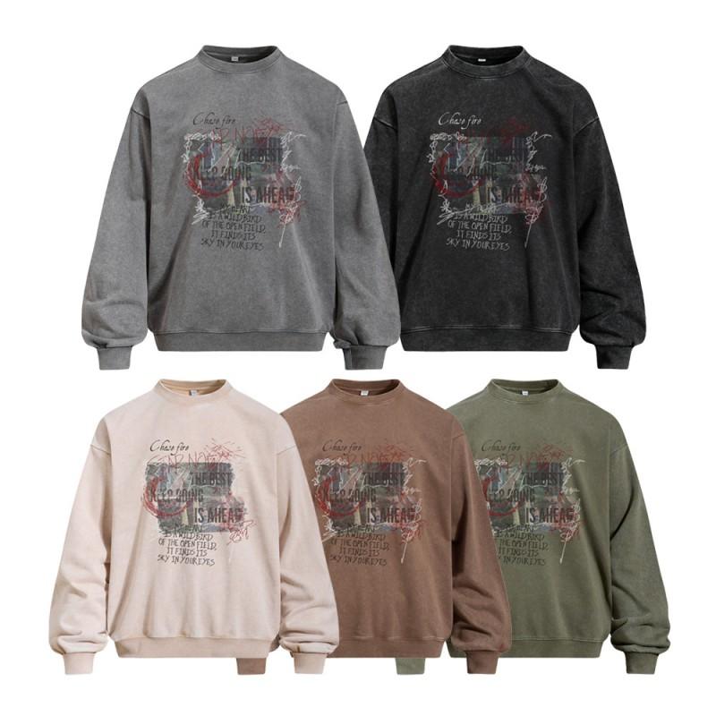 Mens Oversized Streetwear Hoodie Cotton Blend Graphic Print Washed Vintage Crewneck Sweatshirt Fall