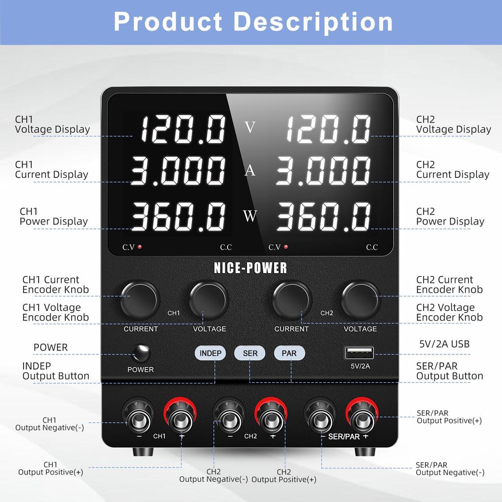Doppia Alimentazione da Laboratorio NICE-POWER 120V 3A 4 in 1 Alimentazione da Laboratorio Uscita Doppia Indipendente Serie e Parallelo SPS1203-2KD Ingresso AC220V