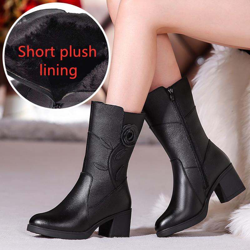 Fashion GKTINOO Women Ladies Female Mother Genuine Leather Mid Calf Boots Shoes Winter Plush Fur Warm Floral Zipper Plus Size 41 42