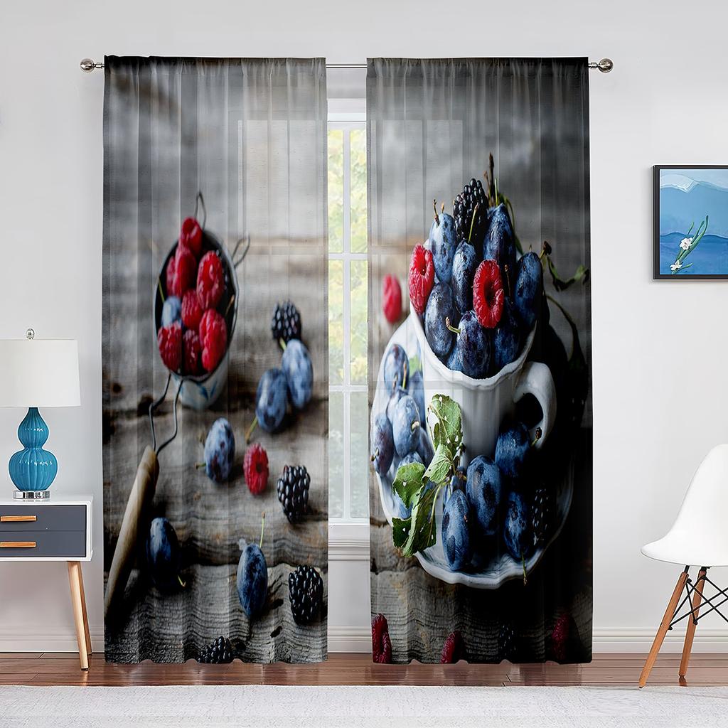 Blueberries Fruit Green Leaf Tulle Curtains for Living Room Bedroom Decoration Chiffon Sheer Voile Kitchen Window Curtain Drapes