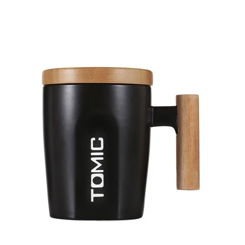 TOMIC Wood Handle Ceramic Coffee Mug with Lid