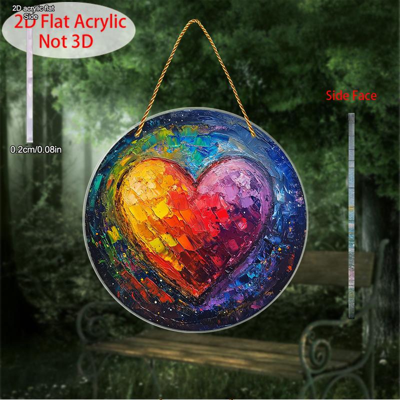 Acrylic Vintage Rainbow Heart Suncatcher in a 2D Flat Design, Ideal for Decorating Walls. This Round Sign Is Perfect for Window Sills, Porches