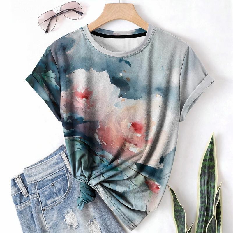 Fashion Women's Crew Neck Short Sleeve 3D Floral Color Printing Floral Short Sleeve Crew Neck T-Shirt