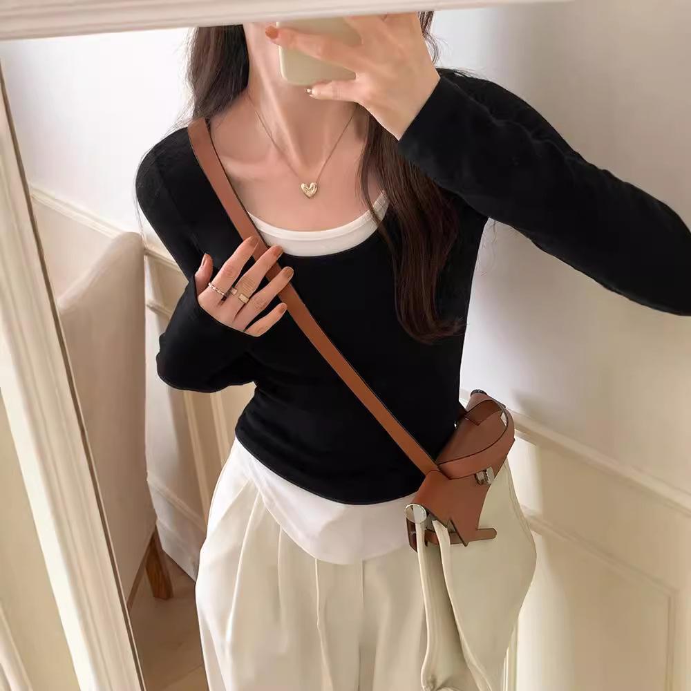 Langarm Damen Kaltes Basic Warmes Hemd Herbst Falsches Zweiteiliges T-Shirt Farbblockierendes Unterhemd Damen Dünne Rundhalsoberteile für Draußen