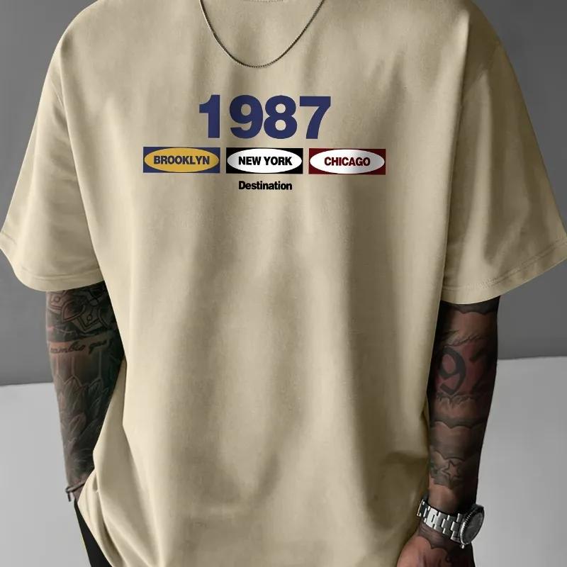 Summer Round-neck Casual T-shirt, 1987 New York Print 100% Pure Cotton Retro T-shirt, Hip-hop Streetwear